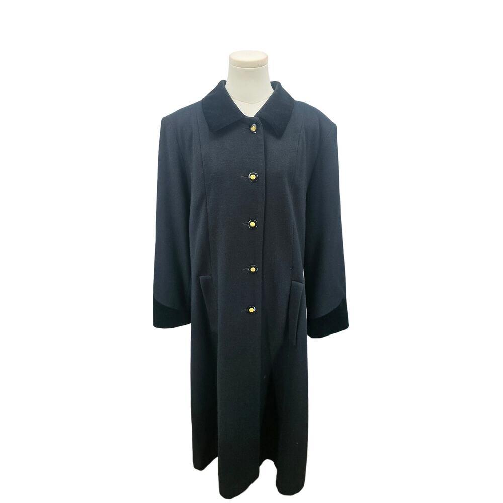Vintage J. Hilary‎  Dark Academia Old Money Black Wool Pea Coat with Velvet Trim